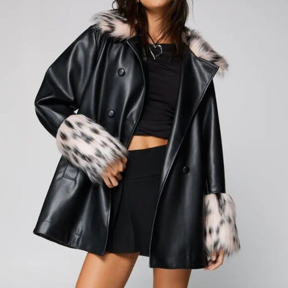 Nasty Gal Jackets & Blazers - Nasty Gal Fur Trim Faux Leather Swing Coat